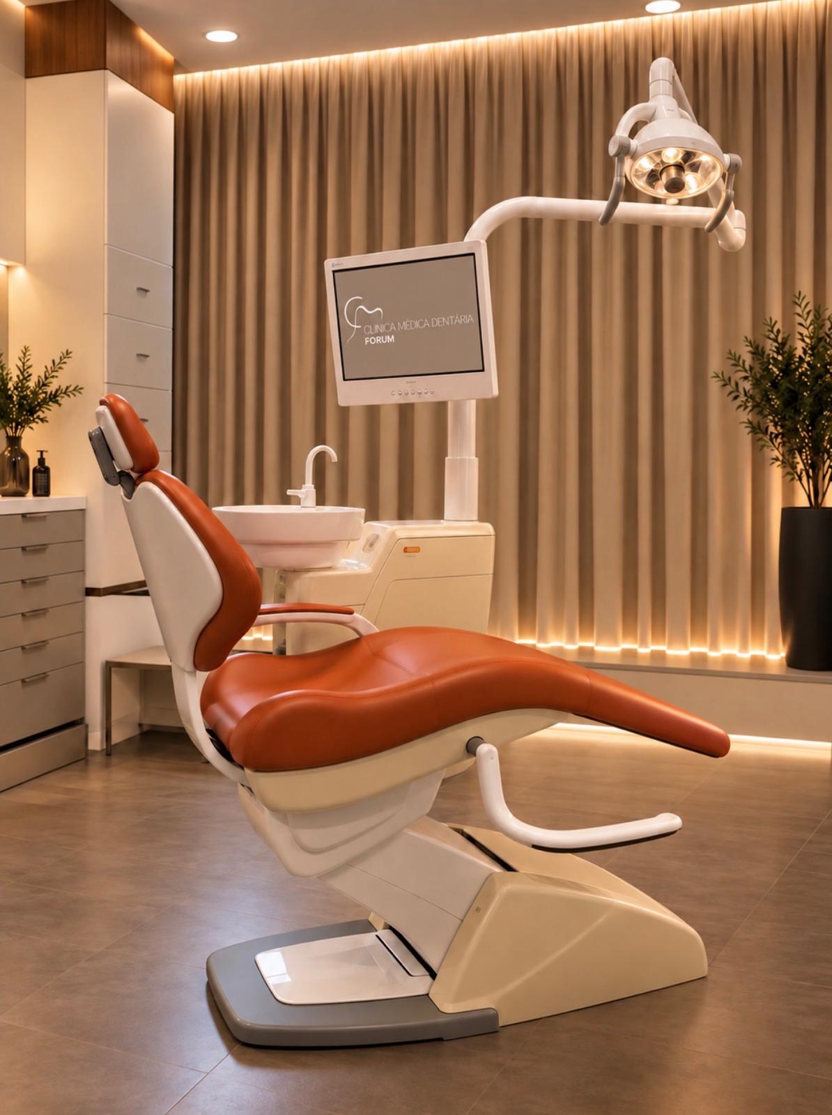 Gabinete de medicina dentária da Clínica Forum, no Porto, com cadeira de tratamento e equipamento digital